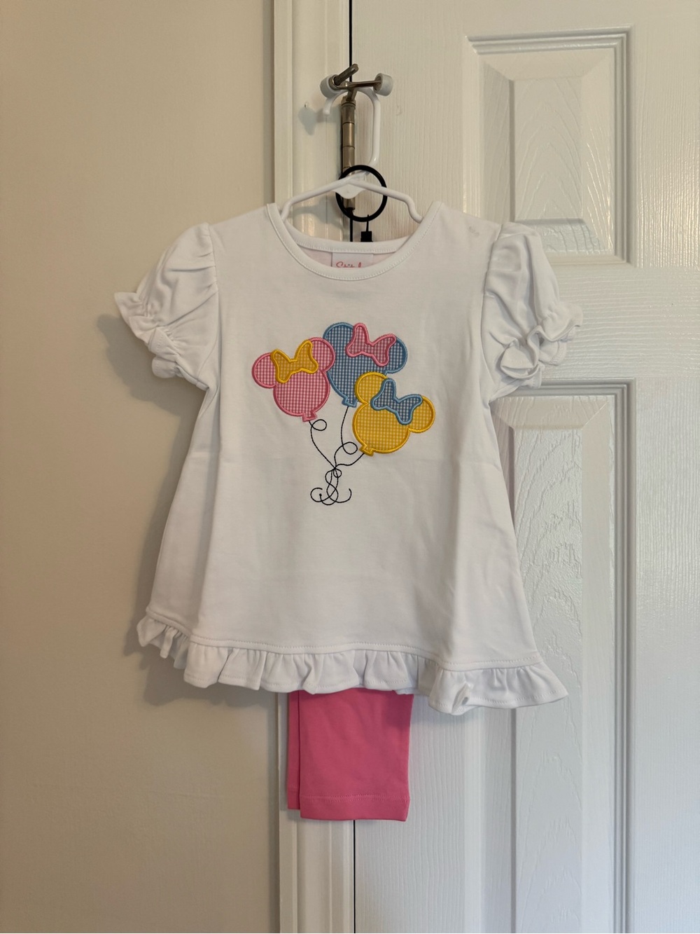 Girls White Ruffle Tee with Pink and Yellow Balloon Appliqués - Matching Set